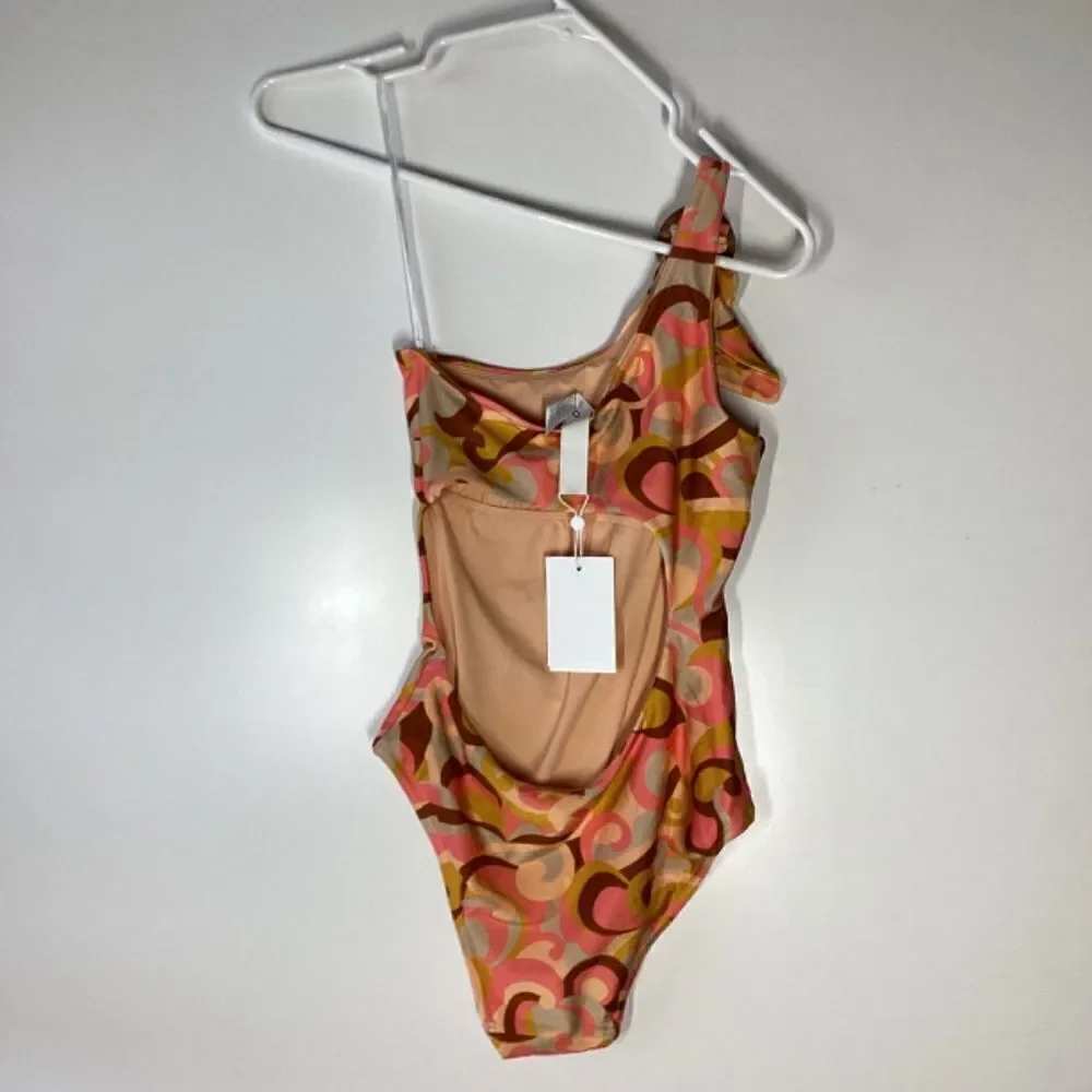 Zimmermann Mae Orange Swirl Print One-Shoulder Buckle Swimsuit NWT Size‎ 4